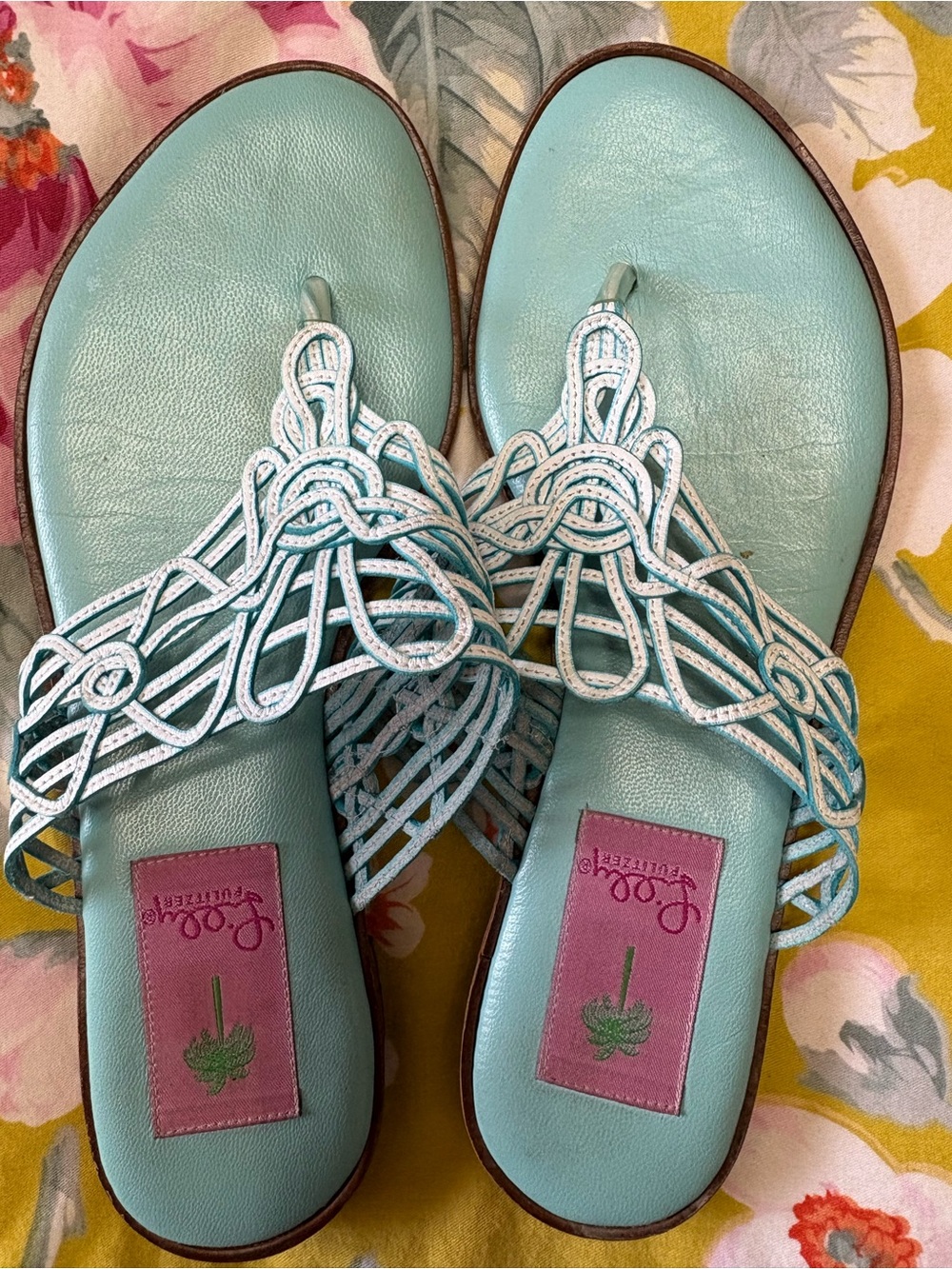 Lilly Pulitzer Seafoam Braided Leather Slide Sandals